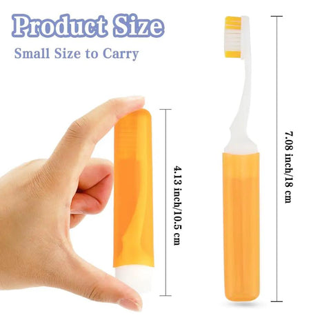 Hand holding orange Three Pack Travel Toothbrush Set With Soft Bristles, Ultra Compact Folding Toothbrushes With Protective Covers.