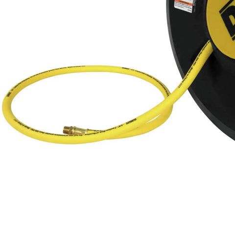 Three Eighths Inch Fifty Foot Hybrid Polymer Air Hose With Auto Retract Enclosed Reel Bright Yellow Durable And Flexible