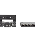 Front and side views of two black GM steering column kit connectors with metal contacts.