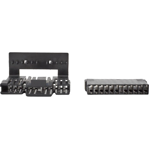 Front and side views of two black GM steering column kit connectors with metal contacts.