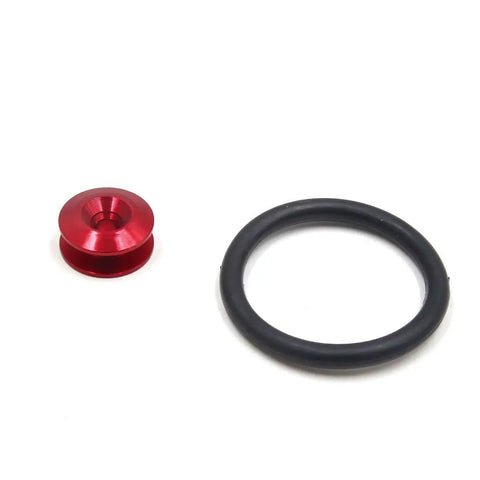 8 Pack Red Quick Release Fasteners For Bumper Trunk Fender And Hatch Lid On Cars, Aluminum Alloy Car Fastener Kit With 6mm Hole Fit, Durable 10x23mm Shells, Includes Rubber Rings. Close-up of a single red fastener and black rubber ring from the kit.
