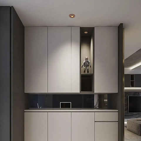 Sleek modern interior featuring Top Tier Wood Grain Recessed Downlights Led Ceiling Potlights 3Cct Selectable warm neutral cool white.
