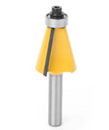 Fabater 8mm Chamfer Router Bit with Bearing, Perfect For Woodworking Bevel Edging Milling Cutter On MDF Solid Wood And Particleboard At 15 Degree Angle With YG6 Alloy Trimming Tool, yellow cutter with metal shank.