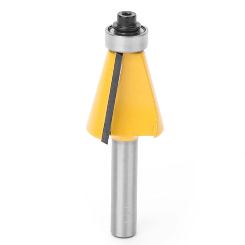 Fabater 8mm Chamfer Router Bit with Bearing, Perfect For Woodworking Bevel Edging Milling Cutter On MDF Solid Wood And Particleboard At 15 Degree Angle With YG6 Alloy Trimming Tool, yellow cutter with metal shank.