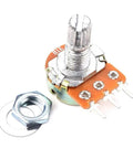 3-pin rotary pot from Ultimate Potentiometer Kit With 11 Values From 500 Ohm To 1 Meg Ohm, includes nut and washer for Arduino projects.
