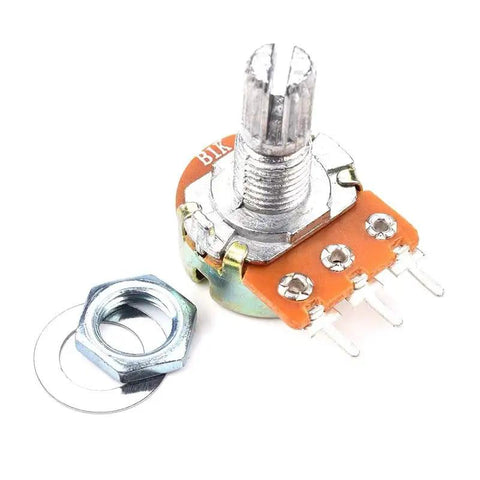 3-pin rotary pot from Ultimate Potentiometer Kit With 11 Values From 500 Ohm To 1 Meg Ohm, includes nut and washer for Arduino projects.