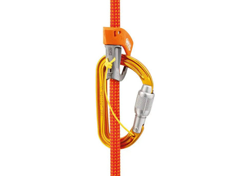 Sm'D Carabiner With TRIACT-LOCK, Lightweight D-Shape Climbing Biner in bright yellow, shown attached to an orange climbing rope