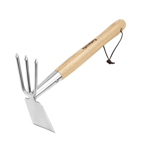 All In One Double Sided Garden Rake And Cultivator Tool With Wood Handle, Hand Tiller for digging and loosening soil.