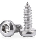 Number 12 By Three Quarter Inch Pan Head Torx Self Tapping Screws Made From 304 Stainless Steel on white background.