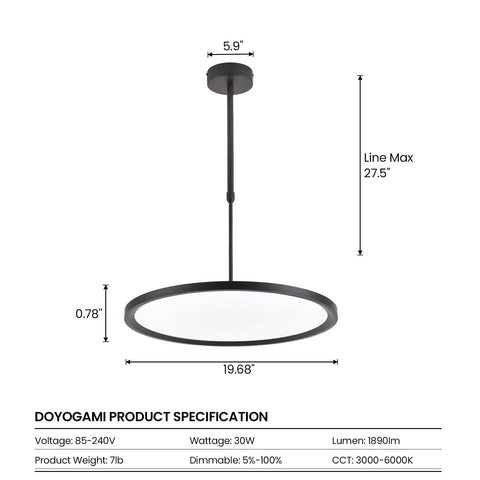 Ultra Thin Disc LED Pendant Light 19.7 Inch Modern Chandelier Dimmable Ceiling Fixture with specifications