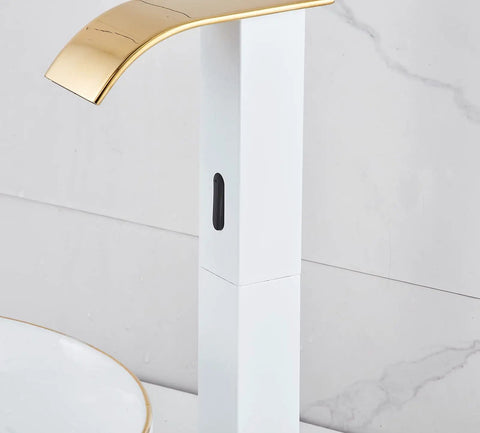 Touchless Bathroom Vessel Faucet With Motion Sensor No-Touch Hands Free Deck Mounted Water-Saving Lavatory Tap in White Gold next to sink