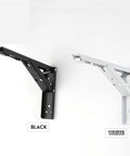 Slick Fold Away Corner Brackets For Wall Shelves And Tables Heavy Duty Support With No Sweat Screw Setup Straight Up Easy Hidden Triangle Mount White 14 Inch Pair in white and black colors.