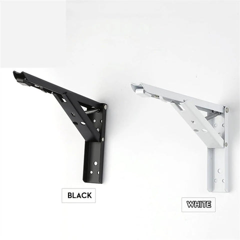 Slick Fold Away Corner Brackets For Wall Shelves And Tables Heavy Duty Support With No Sweat Screw Setup Straight Up Easy Hidden Triangle Mount White 14 Inch Pair in white and black colors.
