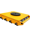 Heavy Duty Industrial Roller Skates For Moving Tonage Loads With 360 Degree Swivel Base And Non Slip Tray, yellow steel construction.