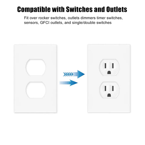 Dope Screwless 1 Gang Decorator Wall Plate White Faceplate Cover for outlets and switches shown beside compatible outlet setup.