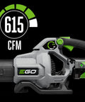 Cordless Leaf Blower With Up To 615 CFM And 170 MPH Turbo Mode For Wet Leaves Kickin 75 Minute Runtime Battery And Charger Not Included Model LB6150 For Yards, showing side view of machine with power indicator and handle.