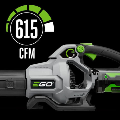Cordless Leaf Blower With Up To 615 CFM And 170 MPH Turbo Mode For Wet Leaves Kickin 75 Minute Runtime Battery And Charger Not Included Model LB6150 For Yards, showing side view of machine with power indicator and handle.