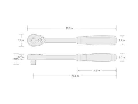 Dimensions diagram of Half Inch Drive Ten And One Half Inch Quick Release Comfort Grip Ratchet With 90 Tooth Gear And Ultra Compact Head.