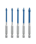 Bosch PTBX05 5-piece porcelain tile drill bit set, blue-coated bits with silver ends, front view