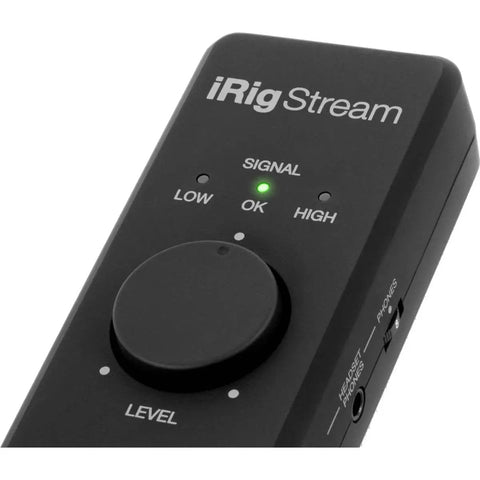 Close-up of the iRig Stream Stereo Audio Interface For iPhone iPad Mac And PC with USB and headphone ports