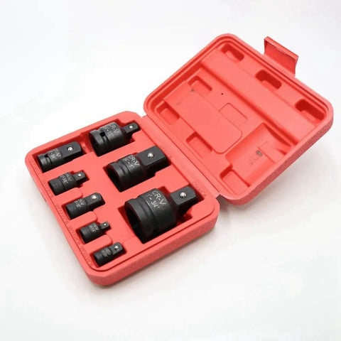 8 Piece Impact Socket Adapter Set with V Wrench Reducers Drive Converter Kit in red case for quick socket conversion.