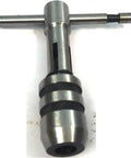 Close-up of a Three Piece T Handle Tap Wrench Set with solid collet jaws for tapping and reaming, shown from the side.