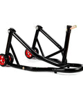 Front Headlift Stand for Motorcycle With Triple Tree Pins Front Wheel Lift Stand Four Wheels for Stability Adjustable Pins