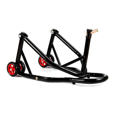 Front Headlift Stand for Motorcycle With Triple Tree Pins Front Wheel Lift Stand Four Wheels for Stability Adjustable Pins