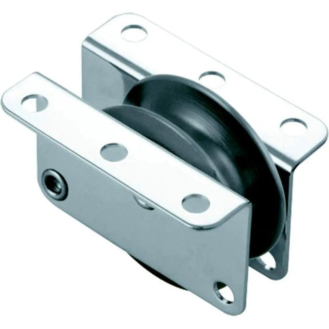 Stainless Steel 316 Series High Load Exit Block With 1100 Lb Load Capacity And 1-9/16 in Sheave For Heavy Duty Rope Pulley Systems Featuring Ball Bearing Exit And Wear Resistant Nylatron Sheave For Fibrous Or Wire Rope, angled view
