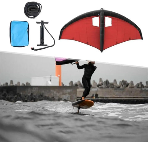 Inflatable Surf Wing For Wind Foil And Kitesurfing, handheld wing with pump, bag, rope, used by surfer on water
