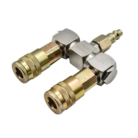 Double Swivel Air Manifold With Two Quarter Inch Steel Industrial Couplers And One Quarter Inch Steel Plug Kit in 360 Degree View