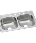 Drop In Stainless Steel Double Bowl Kitchen Sink With Four Holes, 33 Inch By 22 Inch By Eight And One Sixteenth Inch, Equal Size Basins