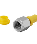 Close-up of Pro Grade Heavy Duty Hydraulic Test Hose With Nylon Lining And Polyurethane Cover; yellow cap removed; threaded metal end visible.
