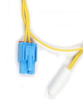 Blue 2-pin inline connector for refrigerator temperature sensor with yellow leads and white probe (close-up)