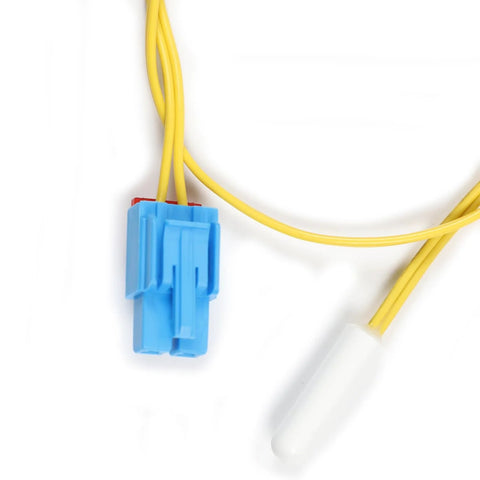 Blue 2-pin inline connector for refrigerator temperature sensor with yellow leads and white probe (close-up)