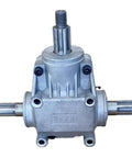Heavy Duty T Shape Right Angle Gear Reducer Precision 1 To 1 Steering Box with heat treated 25 spline shaft, silver metal.