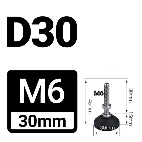 Rock Solid Universal Adjustable Machine Leveling Feet Swivel Base Articulating Legs With M5 And M6 Threads heavy duty rubber pads and dimensions.