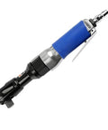 Badass Heavy-Duty 90 Degree Air Ratchet Wrench All Metal Right Angle Pneumatic Trigger Straight Shooter 3/8 Drive Socket Wrench with blue grip.