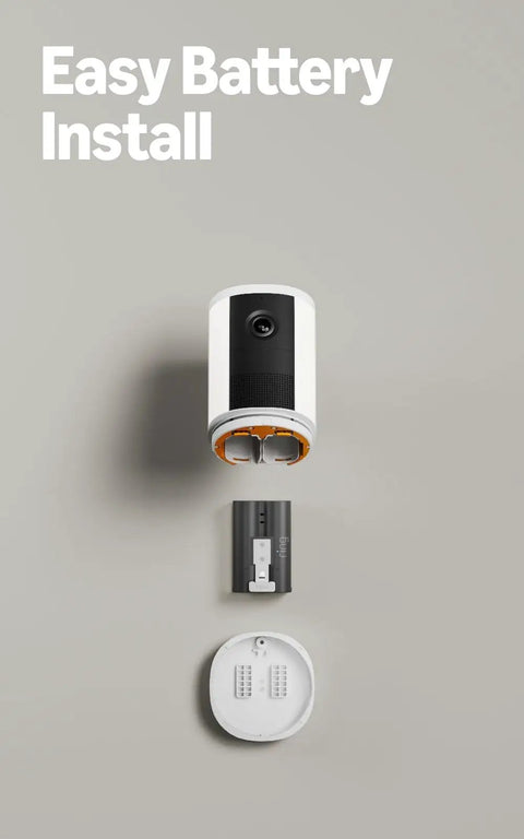 Heavy Duty Wireless Security Cam With Slick 2K Retinal Footage Badass Night Lights showing battery install components.