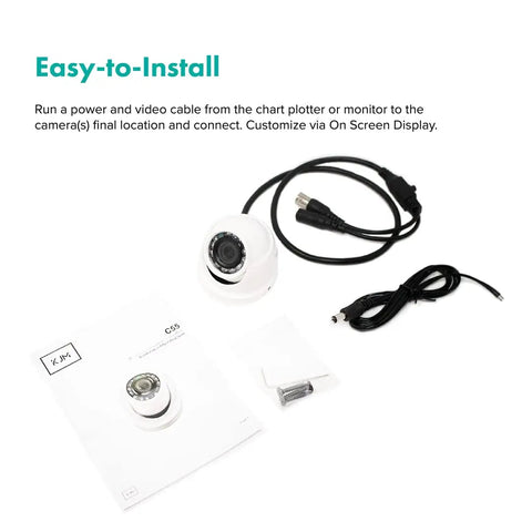 Lowkey Three Point Five Millimeter Mini Dome Camera 1000 TVL With Night Vision And Twelve Infrared LEDs shown with cables and manual