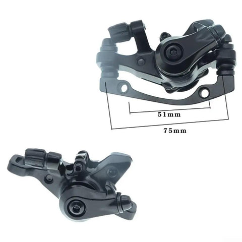 Heavy Hitter Mechanical Disc Brake Kit For Mountain Bikes And Fat Tire Electric Cruisers With Reinforced Aluminum Caliper And 160 Mm Floating Steel Rotor Brick Wall Stops close-up of aluminum caliper measuring 51mm by 75mm.