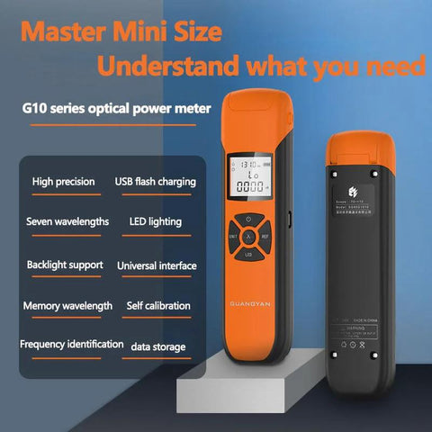 Front and back view of Fiber Optic Power Meter For Testing With Seven Wavelengths Minus 70 To Plus 10 dBm Range Rechargeable Battery