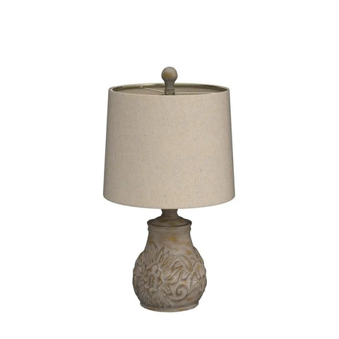 Rustic Table Lamp Set Of 2 With Linen Shade, Vintage Farmhouse Bedroom And Living Room Lights, Floral Carved Base in White Wash
