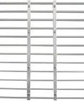 Top view of window well grate with tempered aluminum bars, designed for large radius corners, fits 22-25 in depth by 45-60 in width.