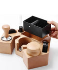Slick Walnut Wood Espresso Tamping Station With Quick Release Knock Box And Eight Versatile Tool Slots For 58mm Portafilters Distributors And Tampers, showing tool organization and removable knock box.