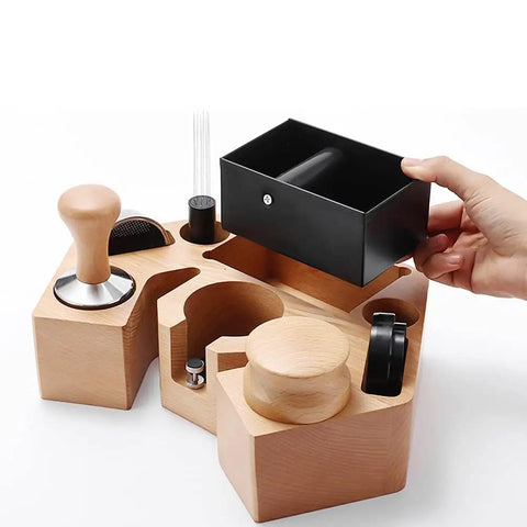 Slick Walnut Wood Espresso Tamping Station With Quick Release Knock Box And Eight Versatile Tool Slots For 58mm Portafilters Distributors And Tampers, showing tool organization and removable knock box.