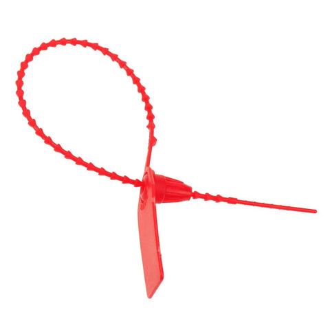 Red Plastic Tamper Seals With Self Locking Zip Ties For Fire Extinguishers Pull-Tite Security Tags Numbered Disposable Seals No Hassle 10 Inch 100 Pieces For Fire Safety Inspections And Luggage Security, close-up view of a seal showing locking mechanism.