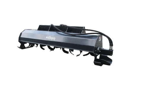 Side view of Beefy 72 Inch Rotary Tiller For Skid Steer Hydraulic Attachments, showing durable metal body and 36 soil blades.