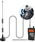 Wide Range Police Scanner Antenna With Magnetic Base For 20 To 1300 MHz Ham Radio VHF UHF Two Way Radios BNC Male Connector Ideal For Uniden Bearcat Whistler And Radio Shack Scanners, shown with coiled wire and BNC connector detail.