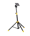 Height Adjustable Electronic Drum Module Mount Stand with Plate Holder made from metal, black and yellow finish, compact for multiple pad setups.